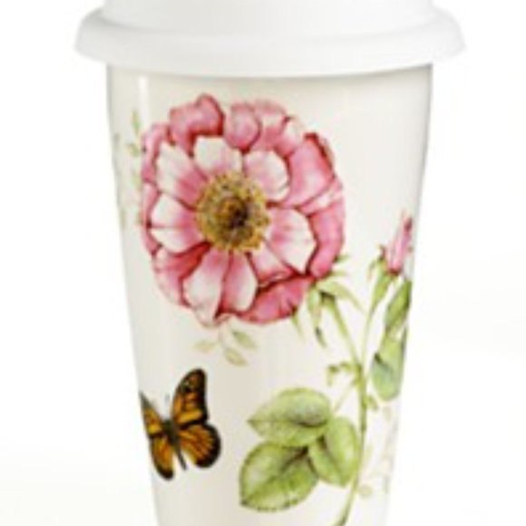 Lenox Porcelain Travel Mug Pink Flower & Butterflh - Picture 1 of 5